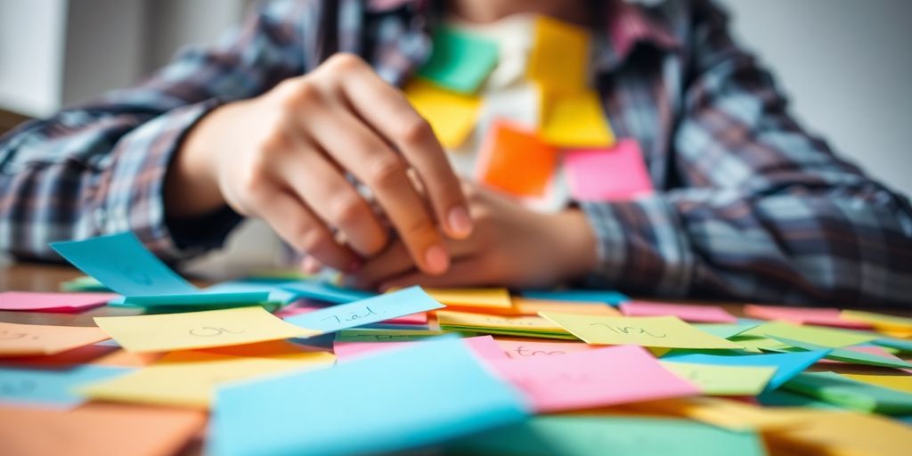 Person brainstorming with colorful sticky notes around them.