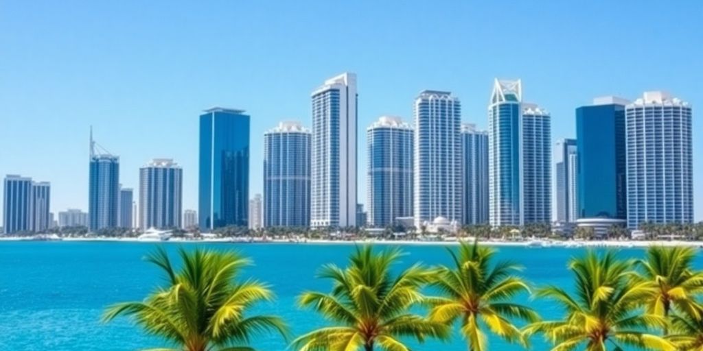 Miami skyline with modern buildings and ocean.