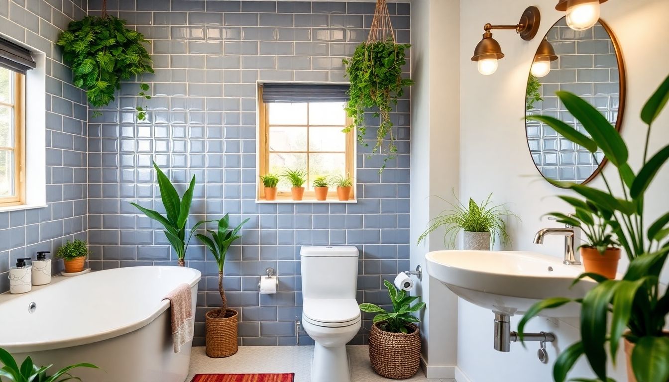 Refurbished bathroom with plants and stylish fixtures.