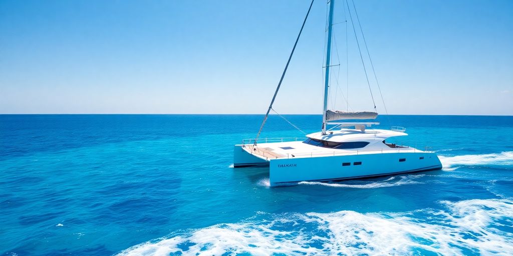 Large catamaran boat sailing on bright blue water.