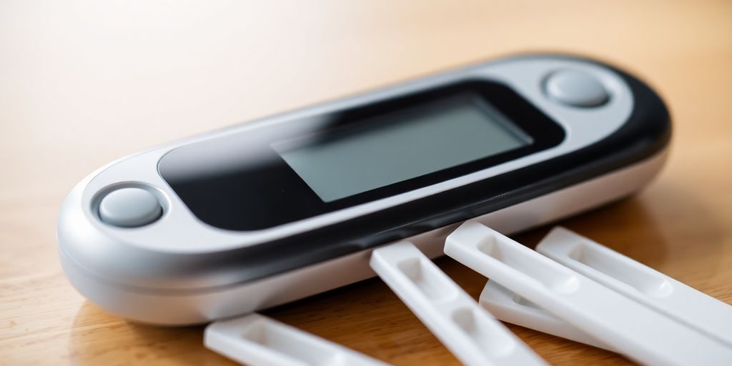 Close-up of a modern blood glucose meter and test strips.
