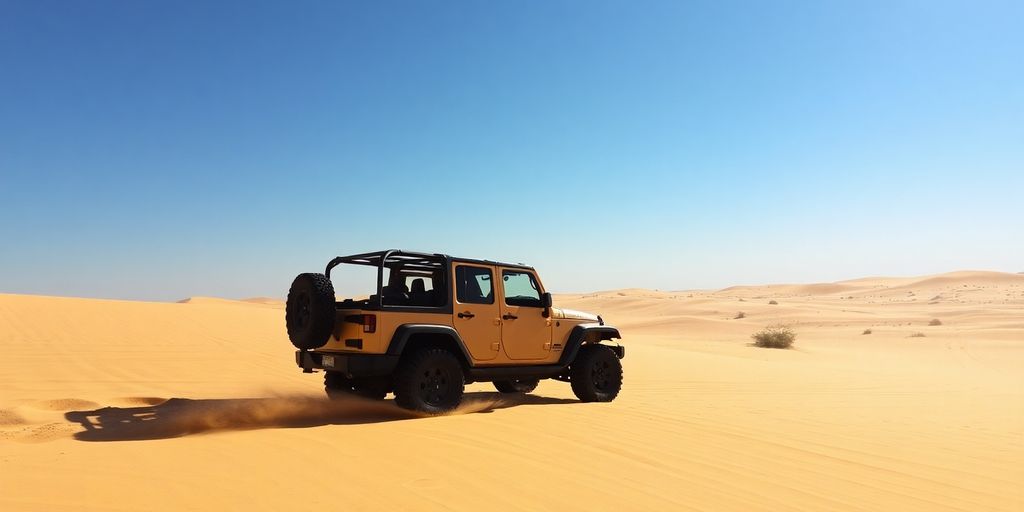 Jeep safari through golden sand dunes in the Thar Desert.