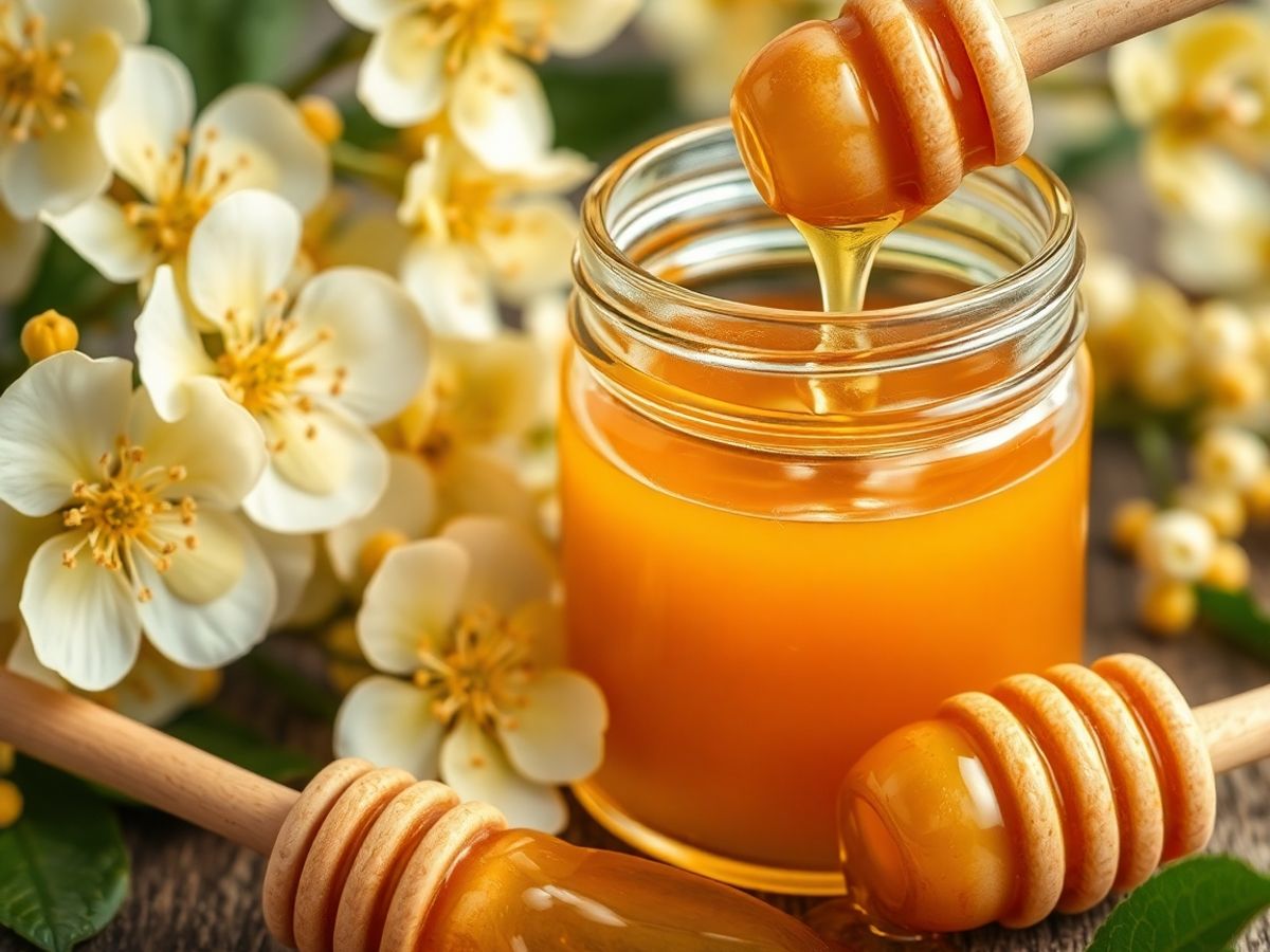 صورة لوعاء عسل الأكاسيا مع زهور أكاسيا