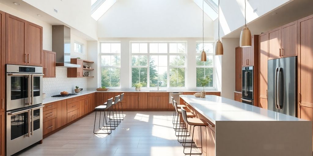 Modern open concept kitchen with large island and windows.