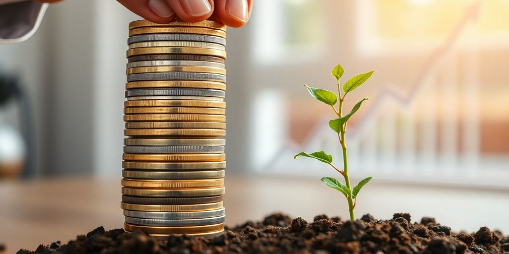 Hands stacking coins, growing plant, rising financial chart.