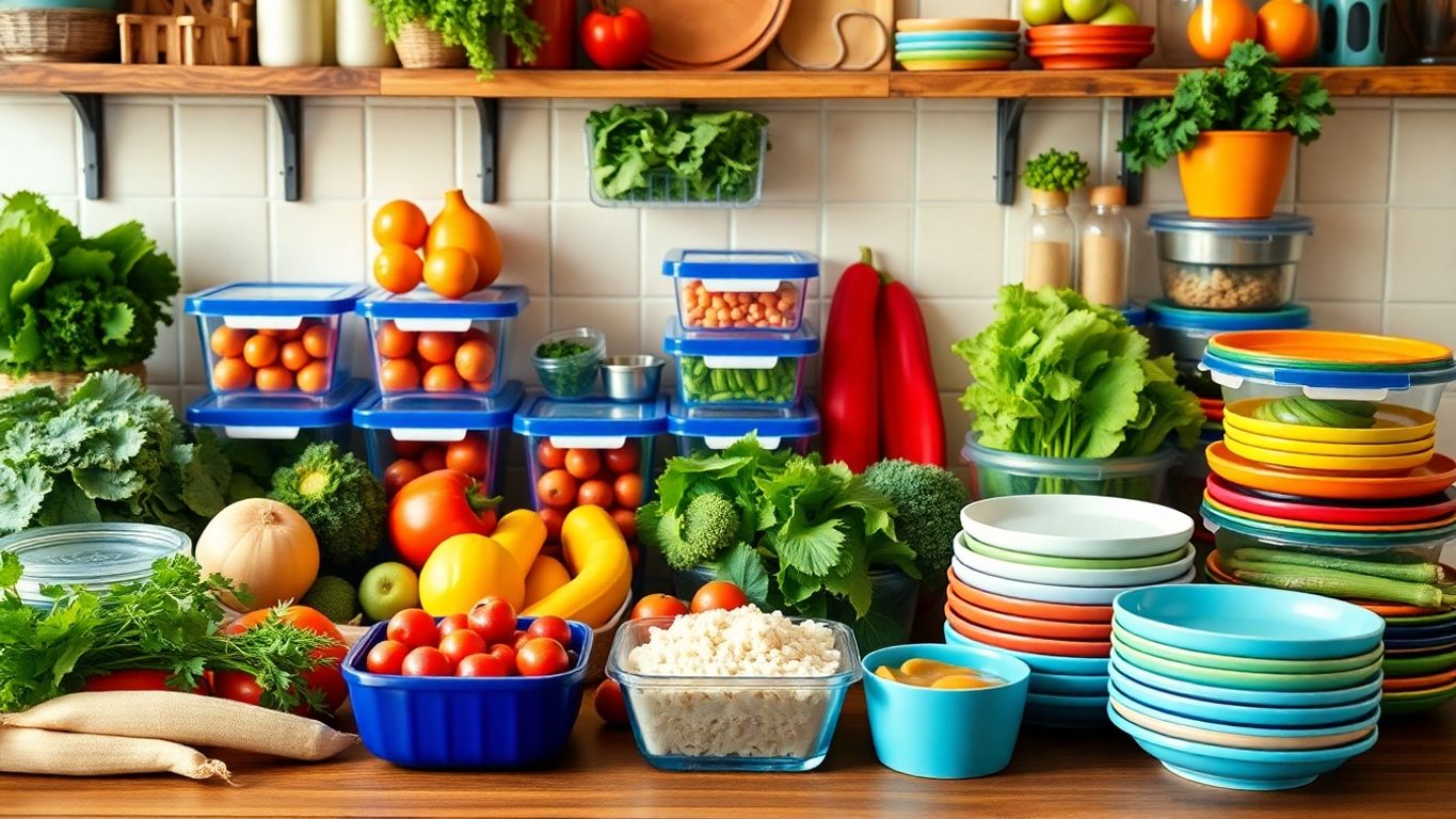 Fresh ingredients and meal prep containers in a kitchen.
