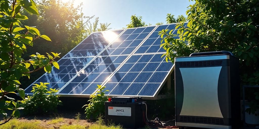 Solar panels, battery, inverter components in natural setting.