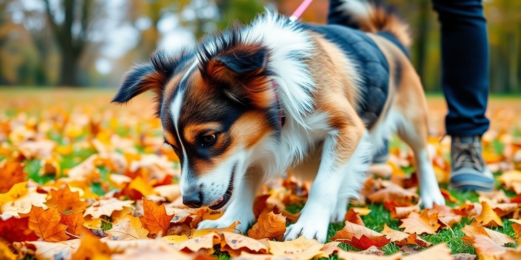 Dog tracking scents in a colorful outdoor environment.