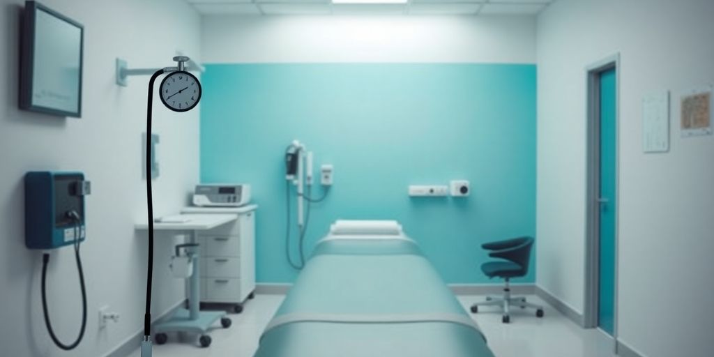 Medical examination room with stethoscope and examination table.