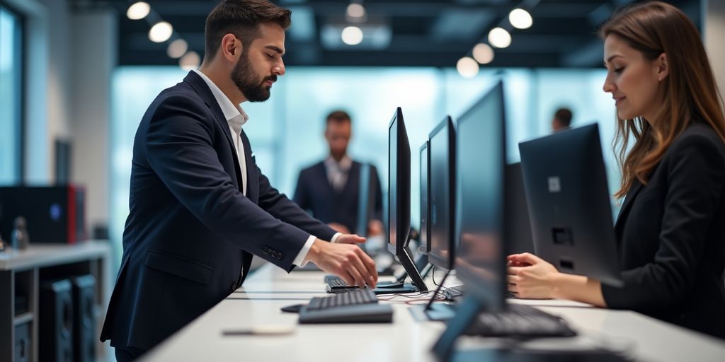 Euronics Mitarbeiter helfen Kunden im Elektronikgeschäft.