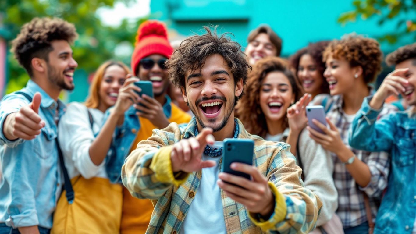 Group of young people creating TikTok videos outdoors.