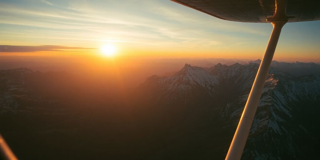 A small plane flying over a vast mountain range at sunset.