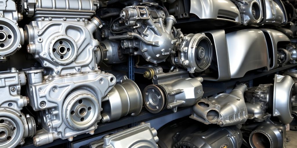 Ford car parts arranged neatly.