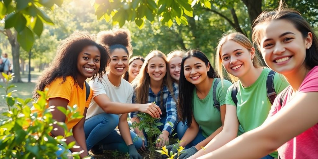 Students happily volunteering outdoors.