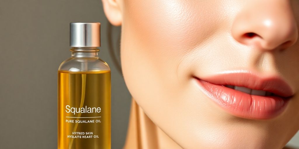 Squalane oil bottle with radiant skin.
