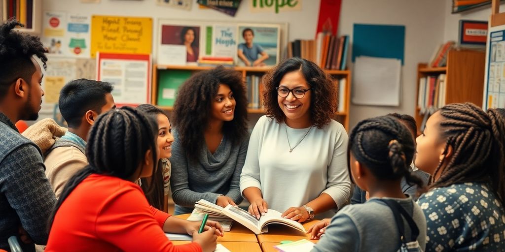 Diverse students and teacher in an inspiring classroom setting.