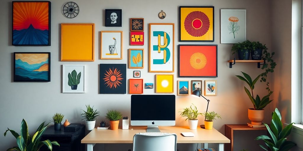 Colorful home office wall with art and plants.