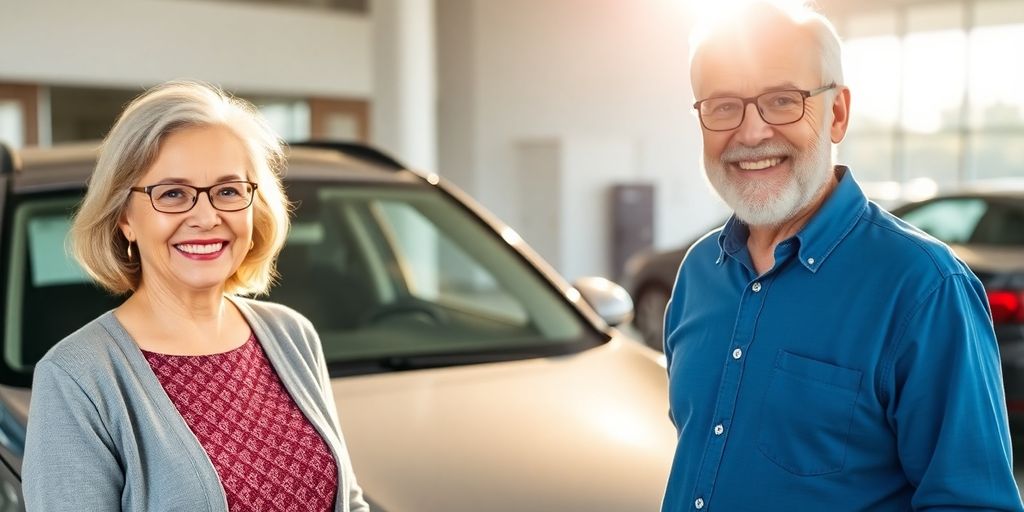 Senior couple with new car keys