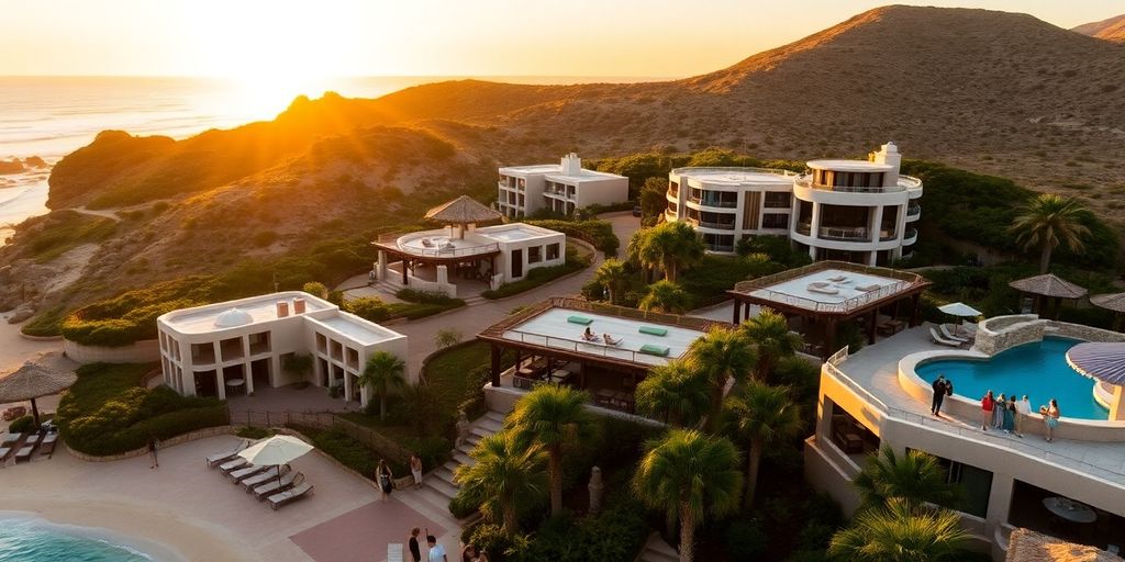 Hoteles ecológicos de lujo en Cabo con playa y vegetación.