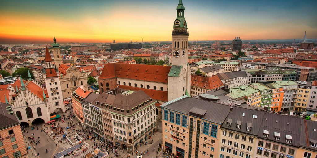 aerial view of city buildings during sunset