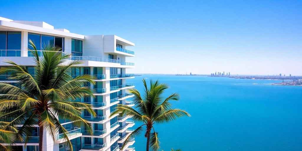 Modern high-rise condo with water views.