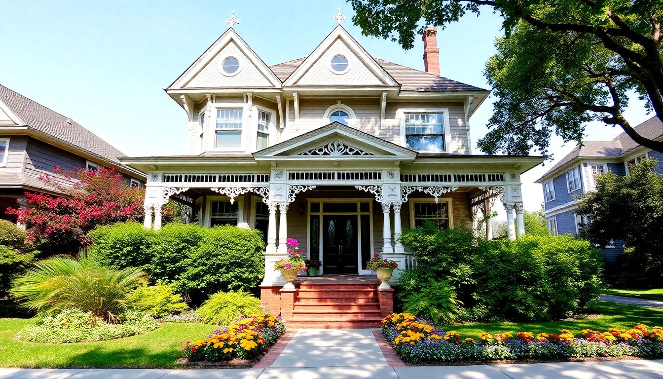 Restored Victorian house with garden and porch.
