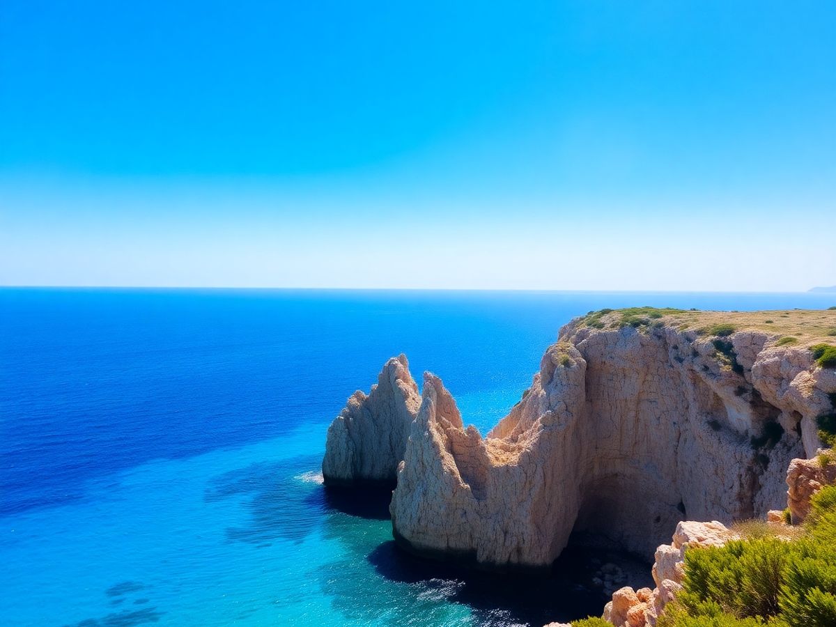 Costa de Ibiza con aguas turquesas y acantilados dramáticos.