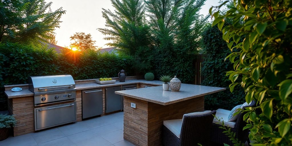 Modern custom outdoor kitchen with seating and greenery.