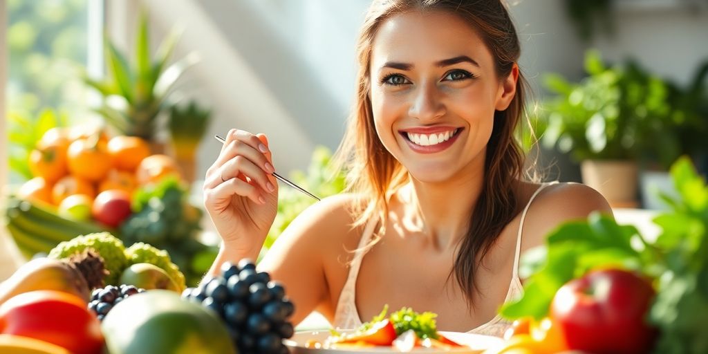 Healthy meal with fresh fruits and radiant skin.