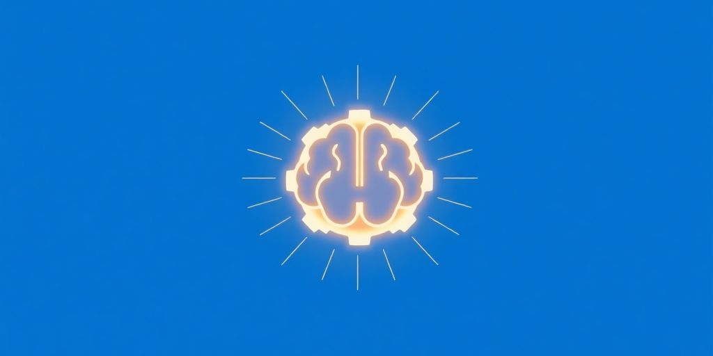 Glowing brain with gears, minimalistic blue background.