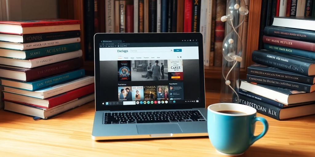 A laptop with Goodreads Desktop in a cozy setting.