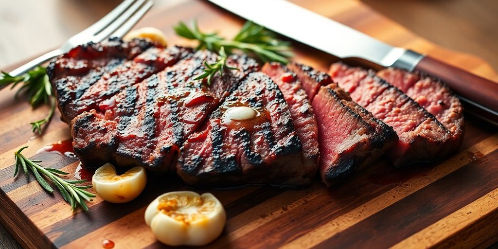 Medium-rare grilled sirloin steak with rosemary and garlic on board.