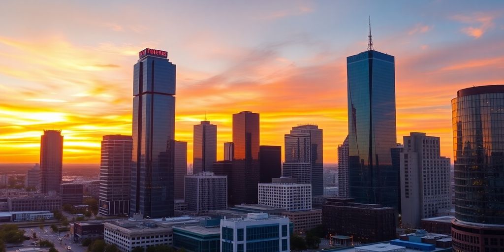 Dallas city skyline at sunset with modern skyscrapers.