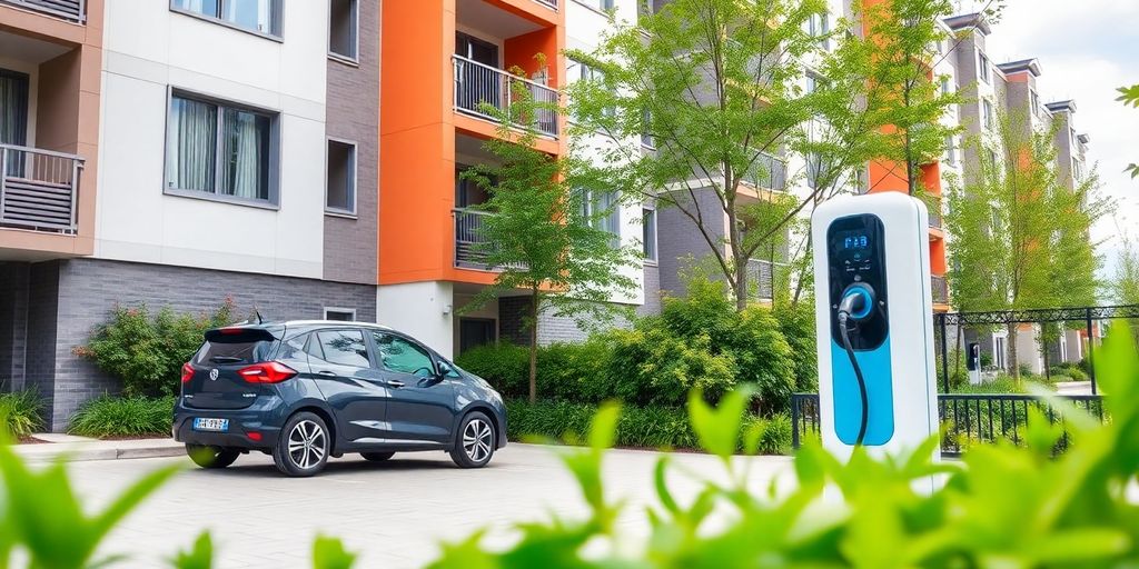 Electric vehicle charging at an apartment building station.