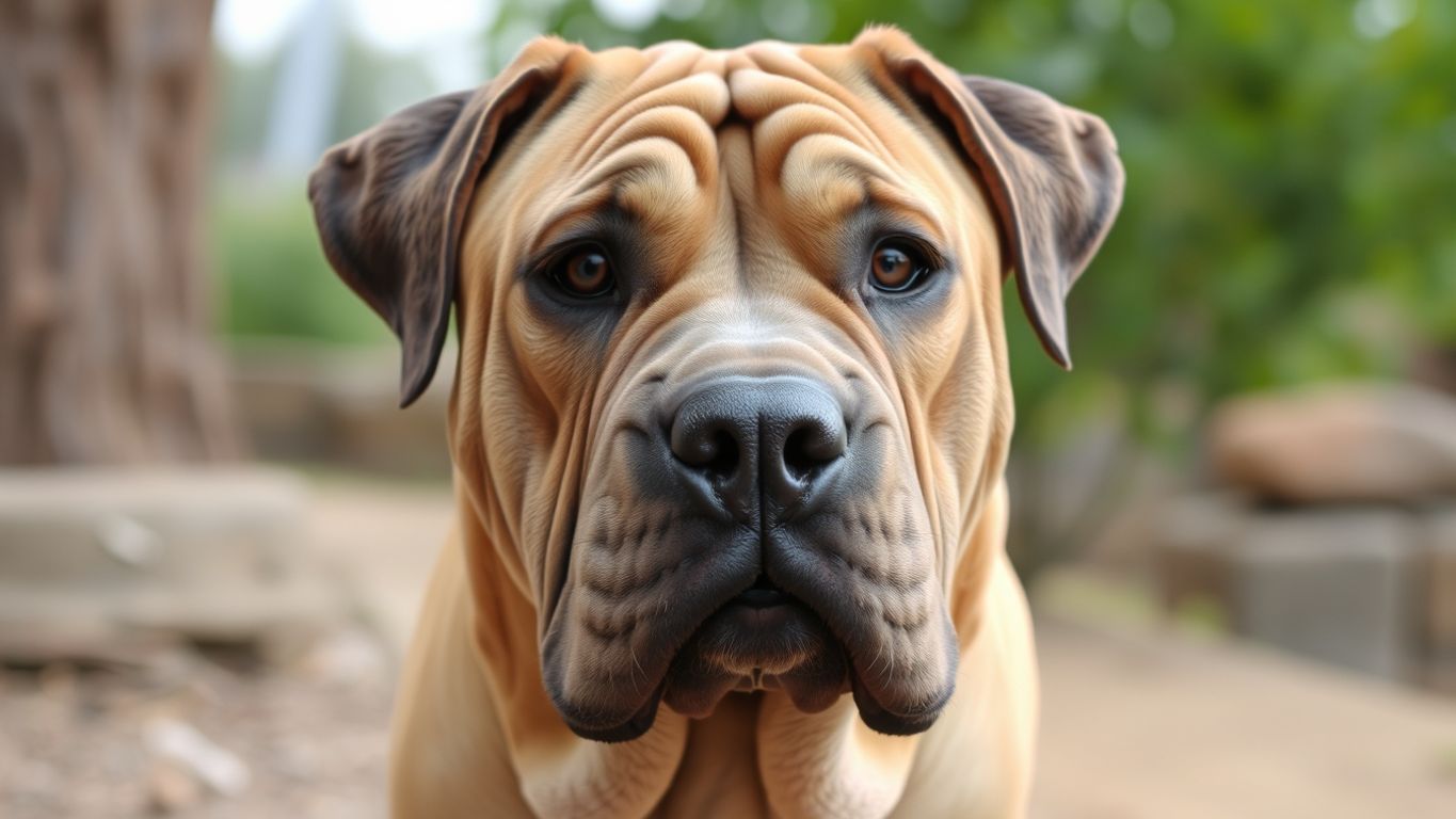 Close-up of a wrinkled Shar Pei dog outdoors.
