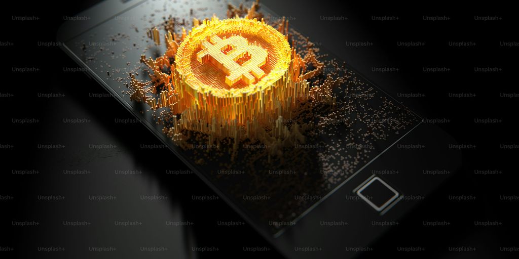 A smartphone displays a 3D Bitcoin symbol on screen.