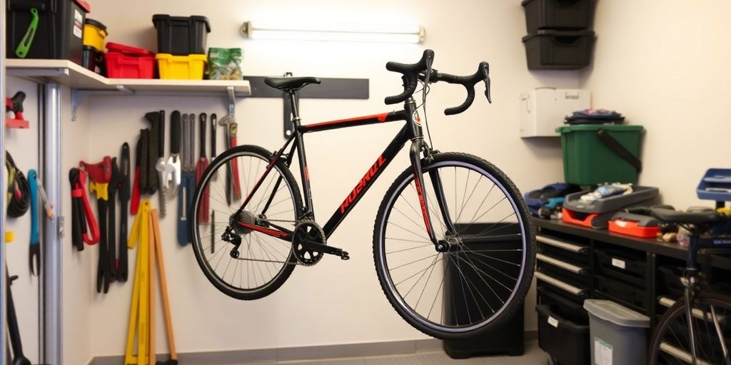 Bicycle mounted on a wall clip in a tidy garage.