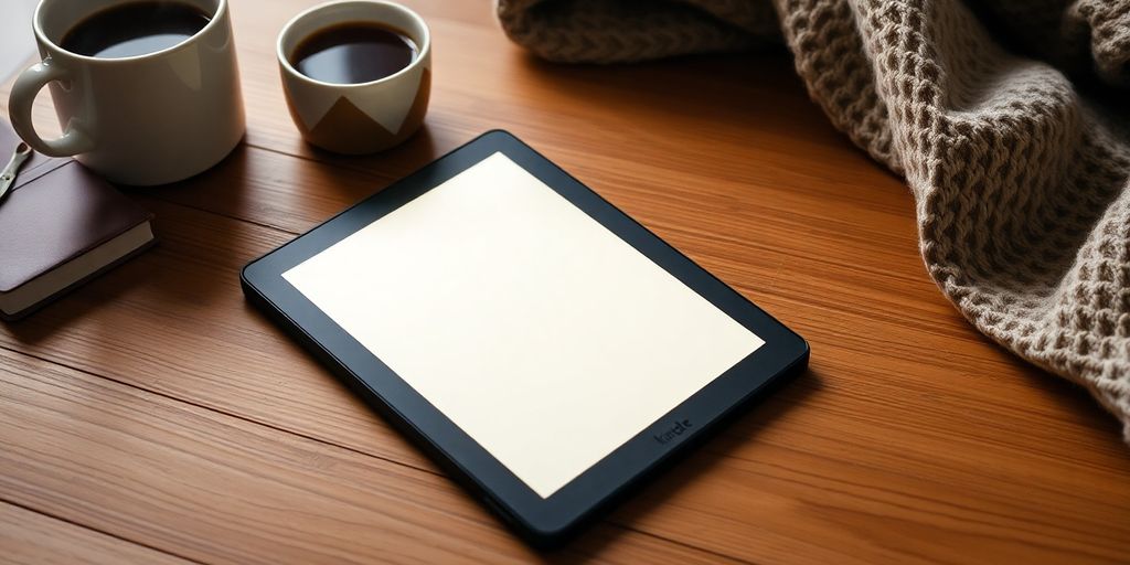 Kindle Paperwhite on a table with coffee and blanket.