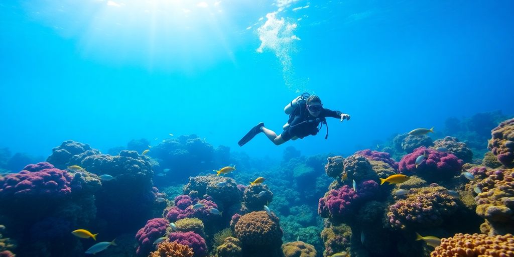 Diver exploring vibrant coral reef in Fiji.