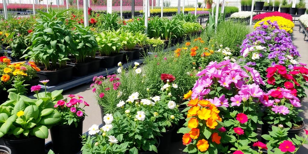 משתלה עם צמחים בריאים ומגוונים בעציצים