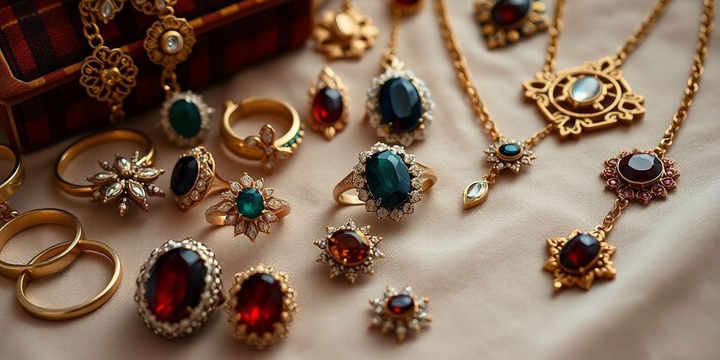 Bijoux anciens brillants sur un tissu doux.