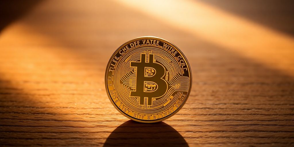Imagem de uma moeda Bitcoin em uma superfície de madeira.