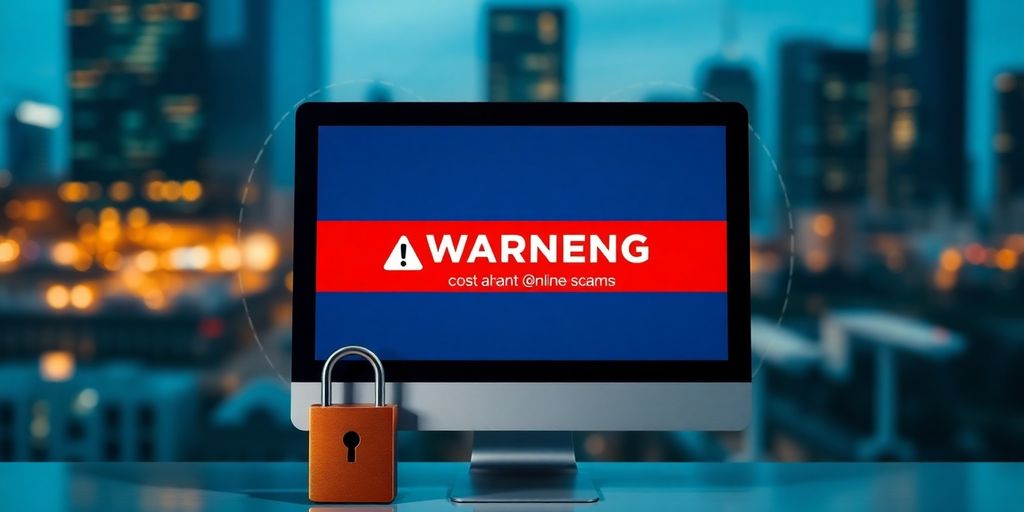 Computer screen showing online scam warning without people.
