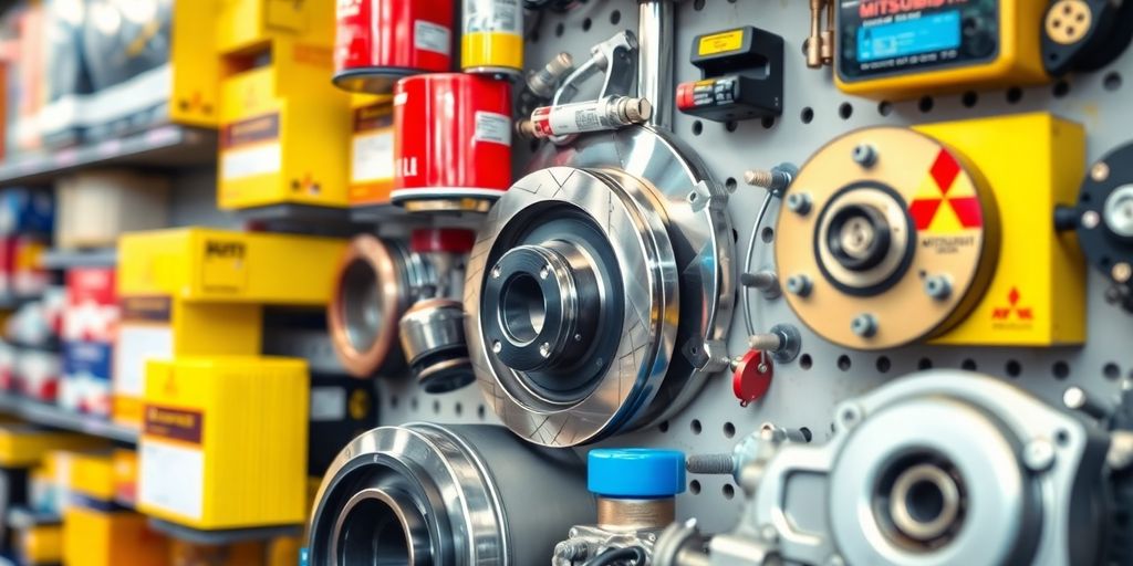Close-up of Mitsubishi spare parts in an auto store.