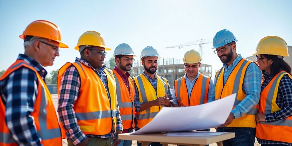 Alpharetta construction team reviewing blueprints outdoors.