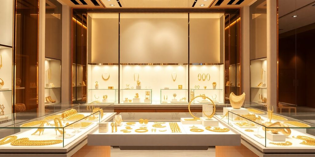 Vitrine de bijoux en or dans une boutique élégante.
