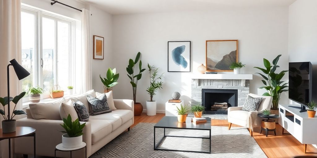 Staged living room with modern decor and natural light.