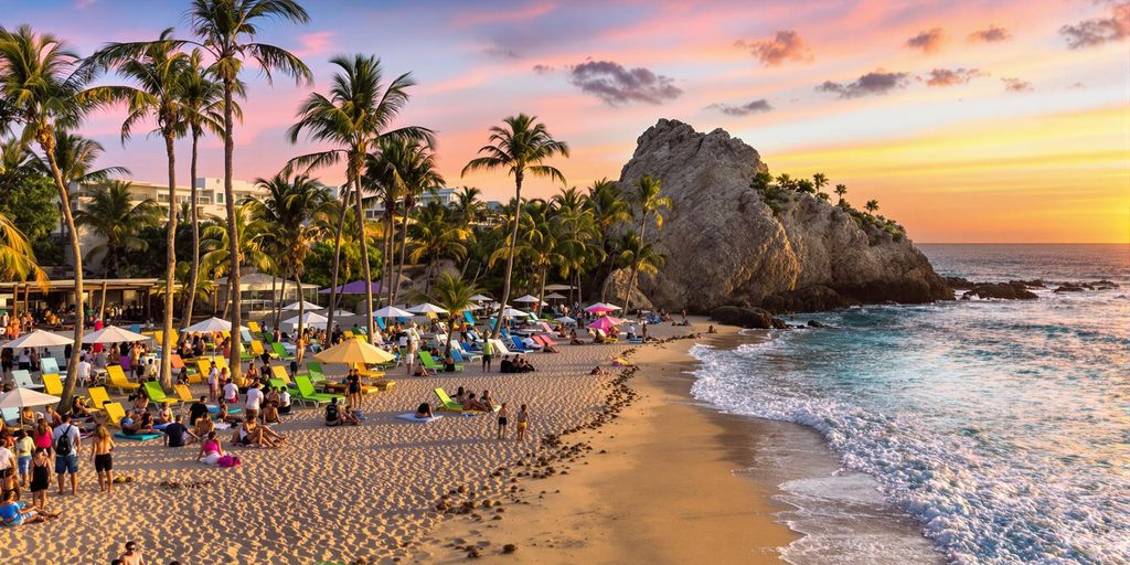 Vibrant beach scene at The Cape with sunset.