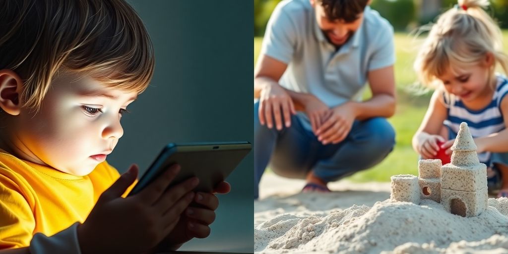 Child playing, parent supervising, balanced activities.