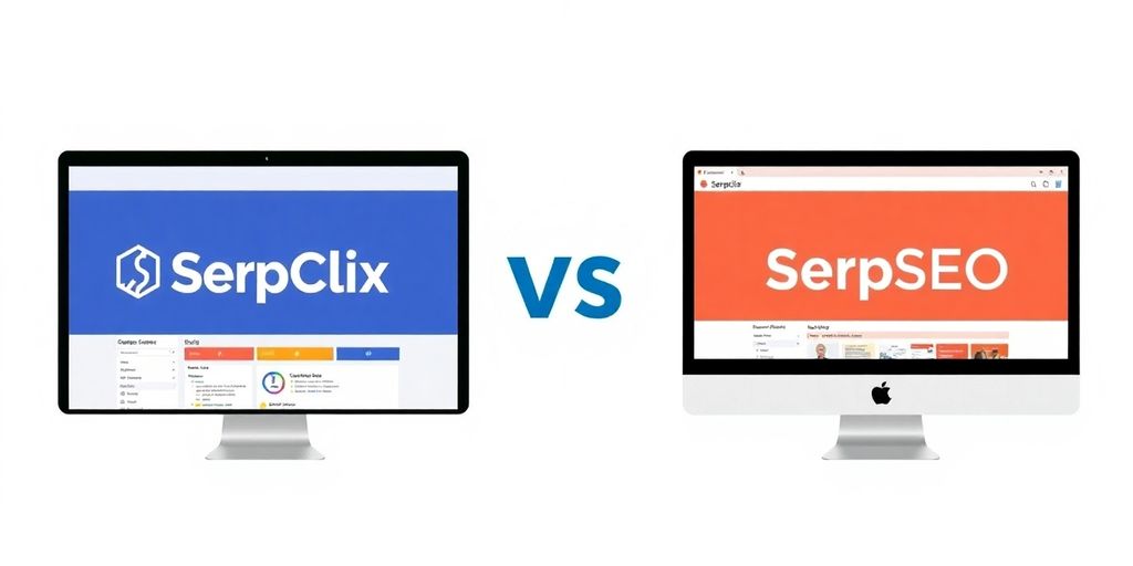 Two computer screens showing SerpClix and SerpSEO tools.